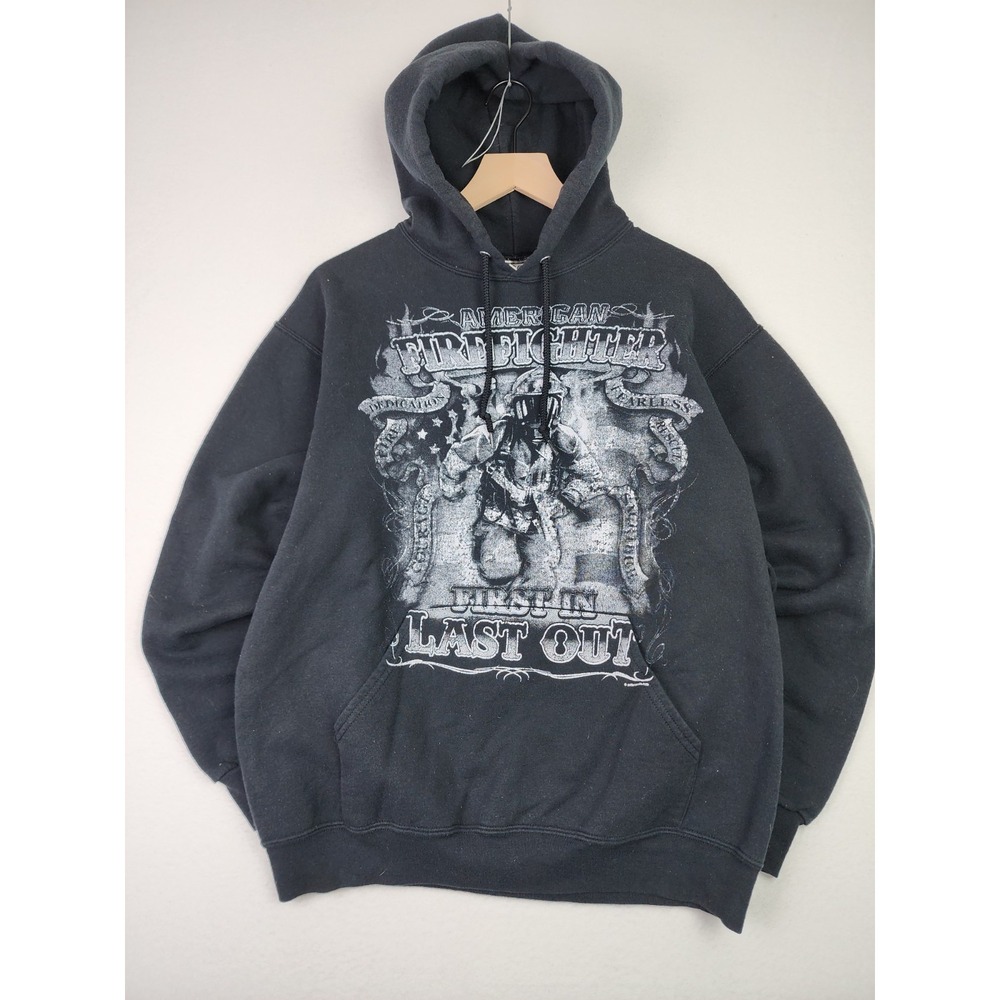 Jerzees NuBlend American Firefighter First In Last Out Graphic Hoodie Black L